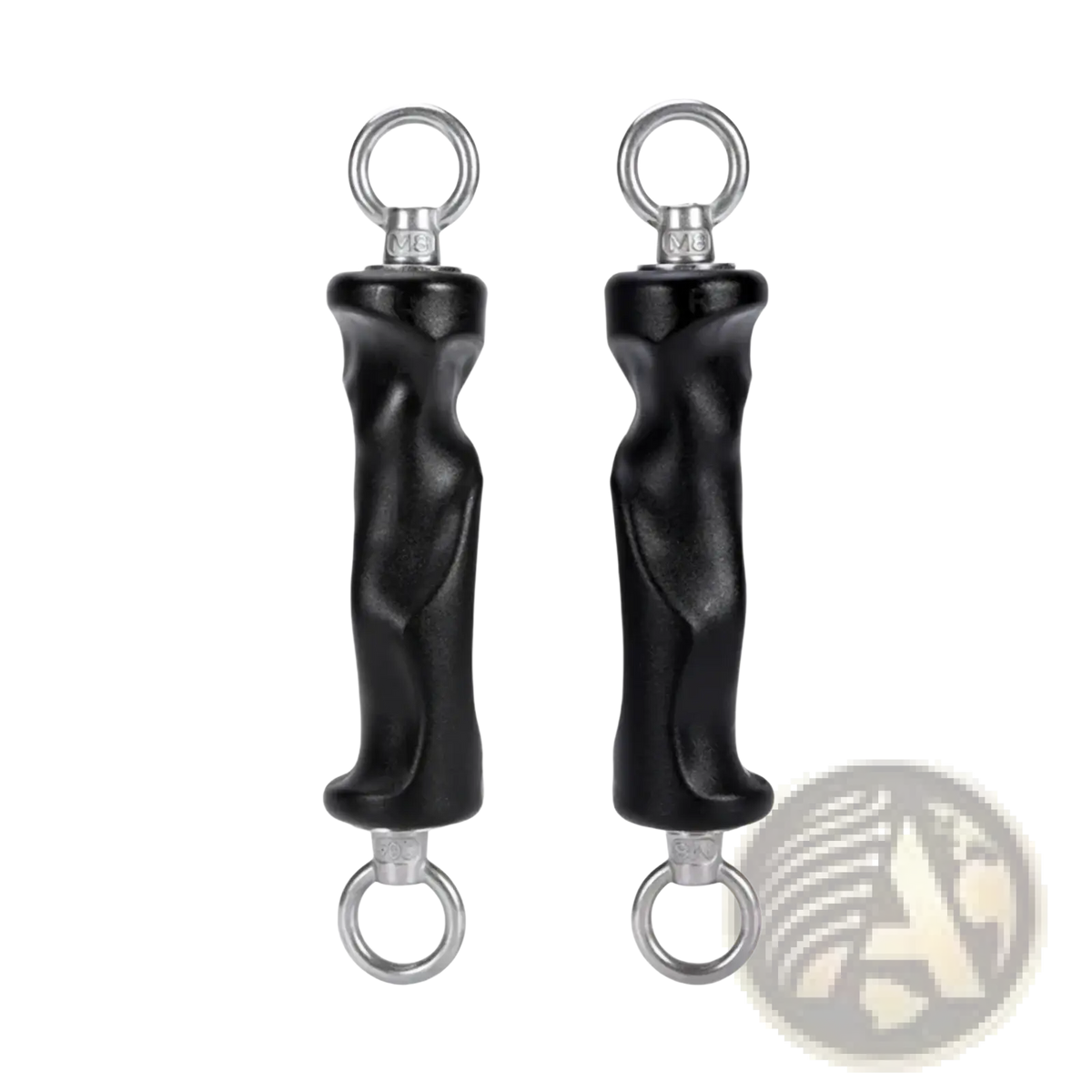 Gym handle grips for cable machines with black textured rubber handles and silver metal rings at top and bottom