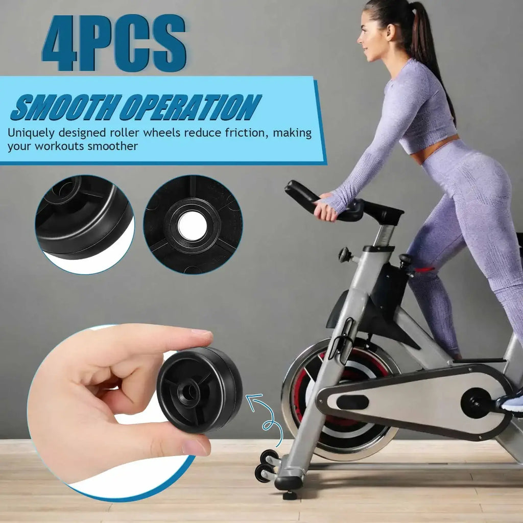 Black gym machine replacement roller wheels 4pack designed for smooth operation on exercise bikes visible from the back side