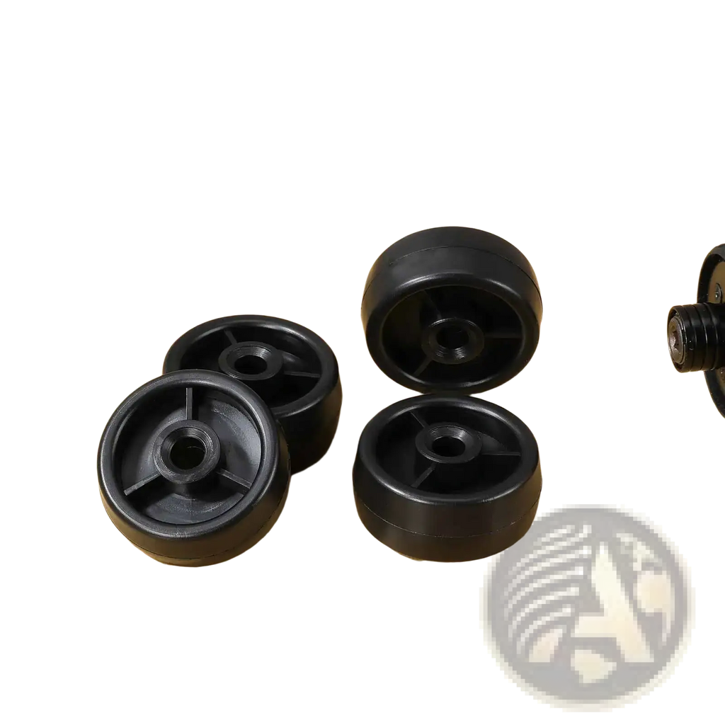 Black plastic gym machine replacement roller wheels 4 pack with central hub and radial spokes