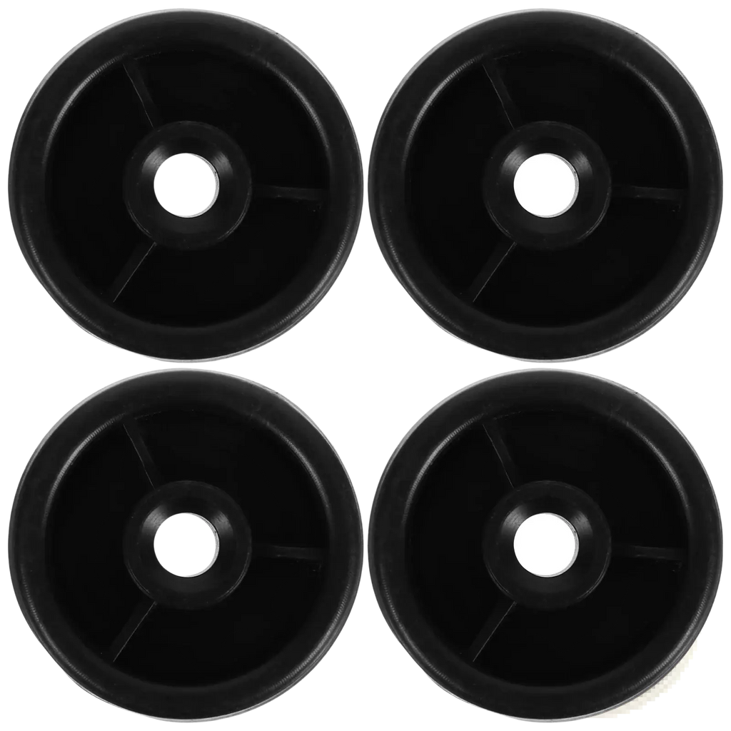 Black plastic gym machine replacement roller wheels 4pack with central hole and three radial dividers visible from back side
