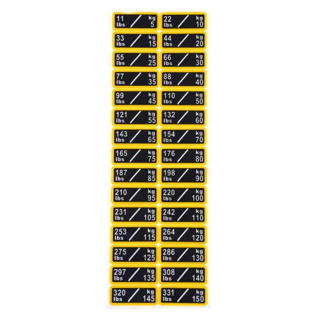 Yellow rectangular gym weight stack labels with black text showing kilogram to pound conversions for fitness use