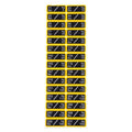 Yellow rectangular gym weight stack labels with black text showing kilogram to pound conversions for fitness use