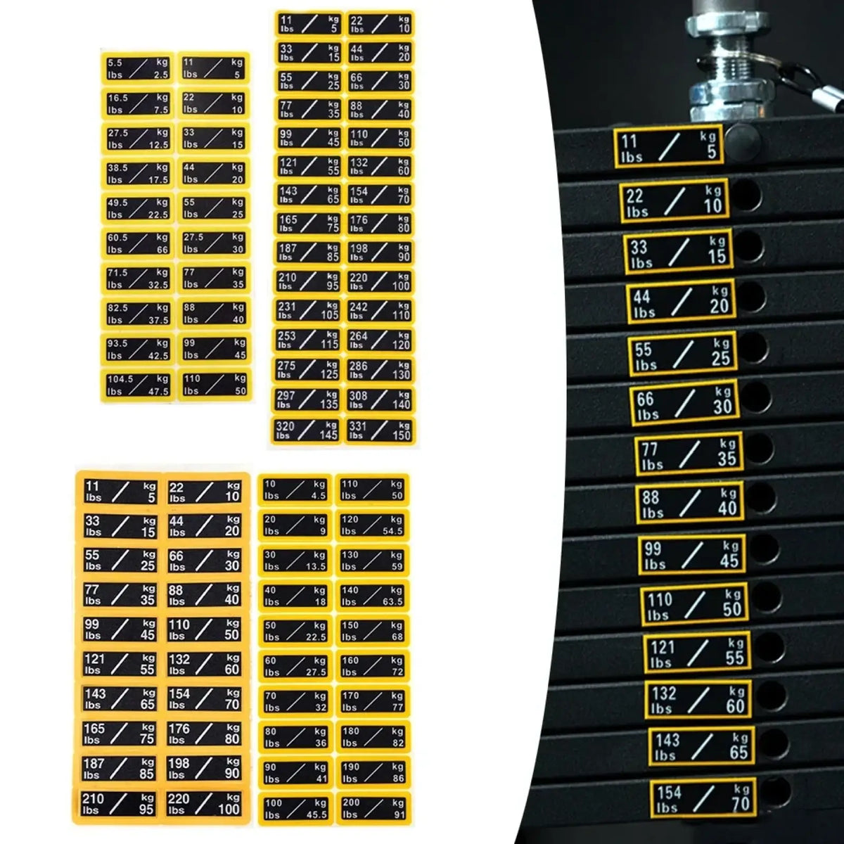 Black gym weight stack labels feature dual unit yellow stickers displaying pounds and kilograms measurements