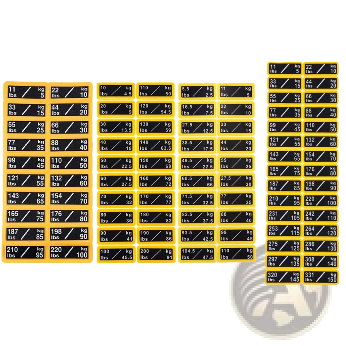 Yellow adhesive gym weight stack labels with black panels displaying dual unit measurements in kilograms and pounds