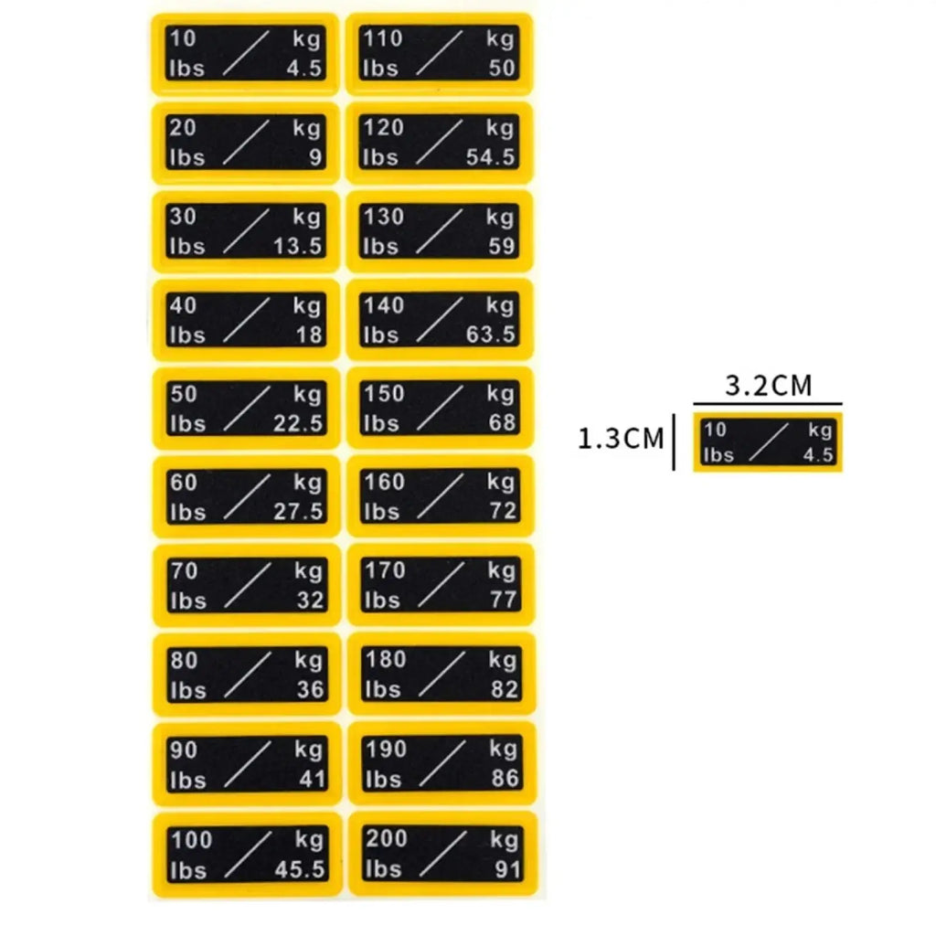 Yellow rectangular gym weight stack labels with black dual unit text displaying pounds and kilograms for fitness use