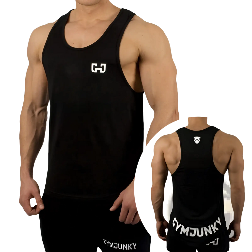 Gymjunky men’s black graphic performance bodybuilding tank top with white logo and trim for workout use