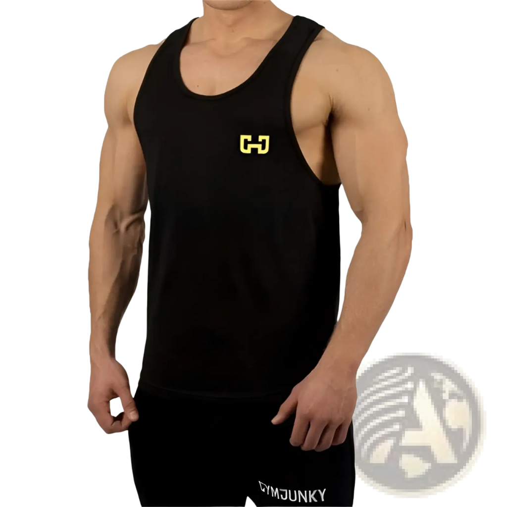 Gymjunky men’s black performance bodybuilding tank top with gold logo on chest for athletic training