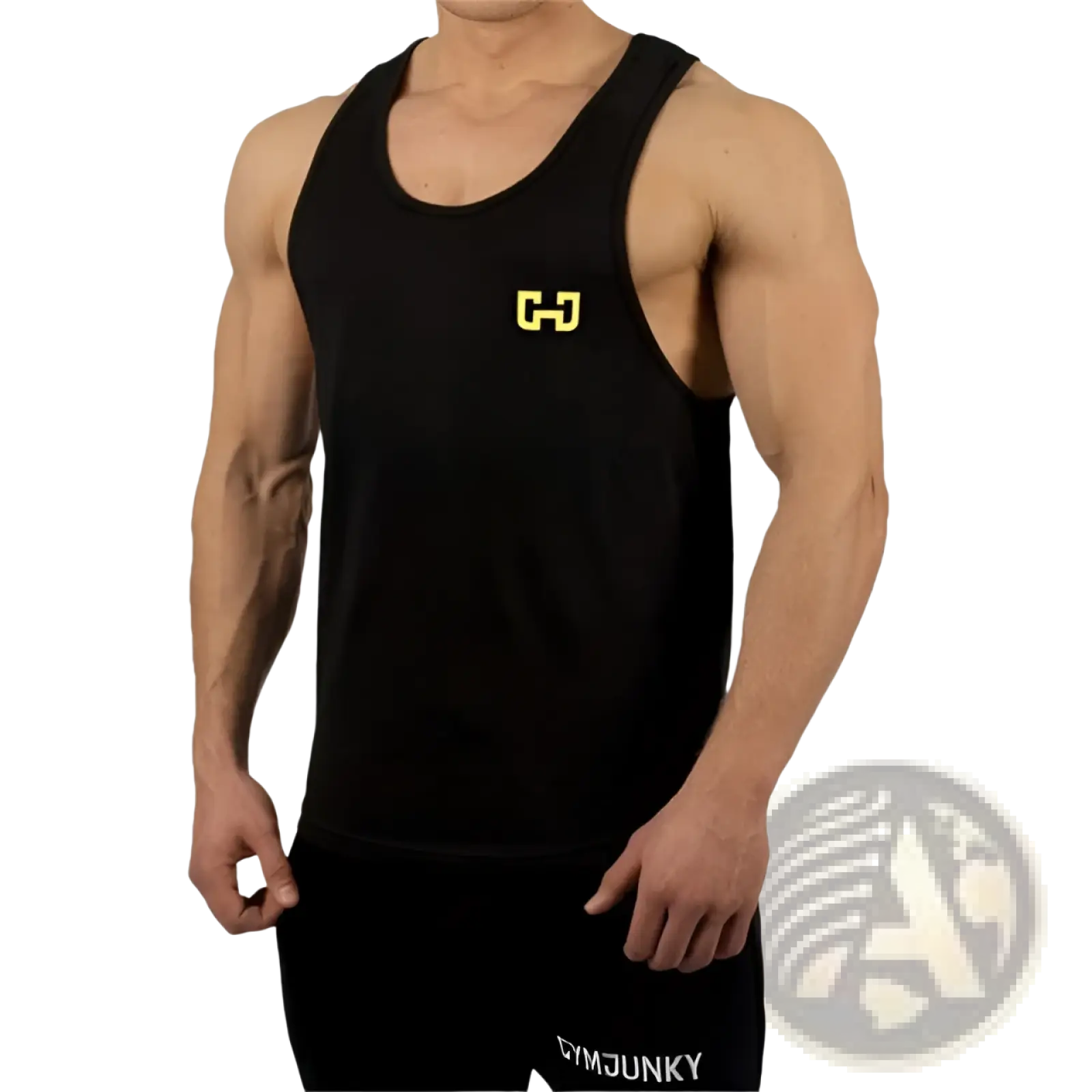 Gymjunky men’s black performance bodybuilding tank top with gold logo on chest for athletic training