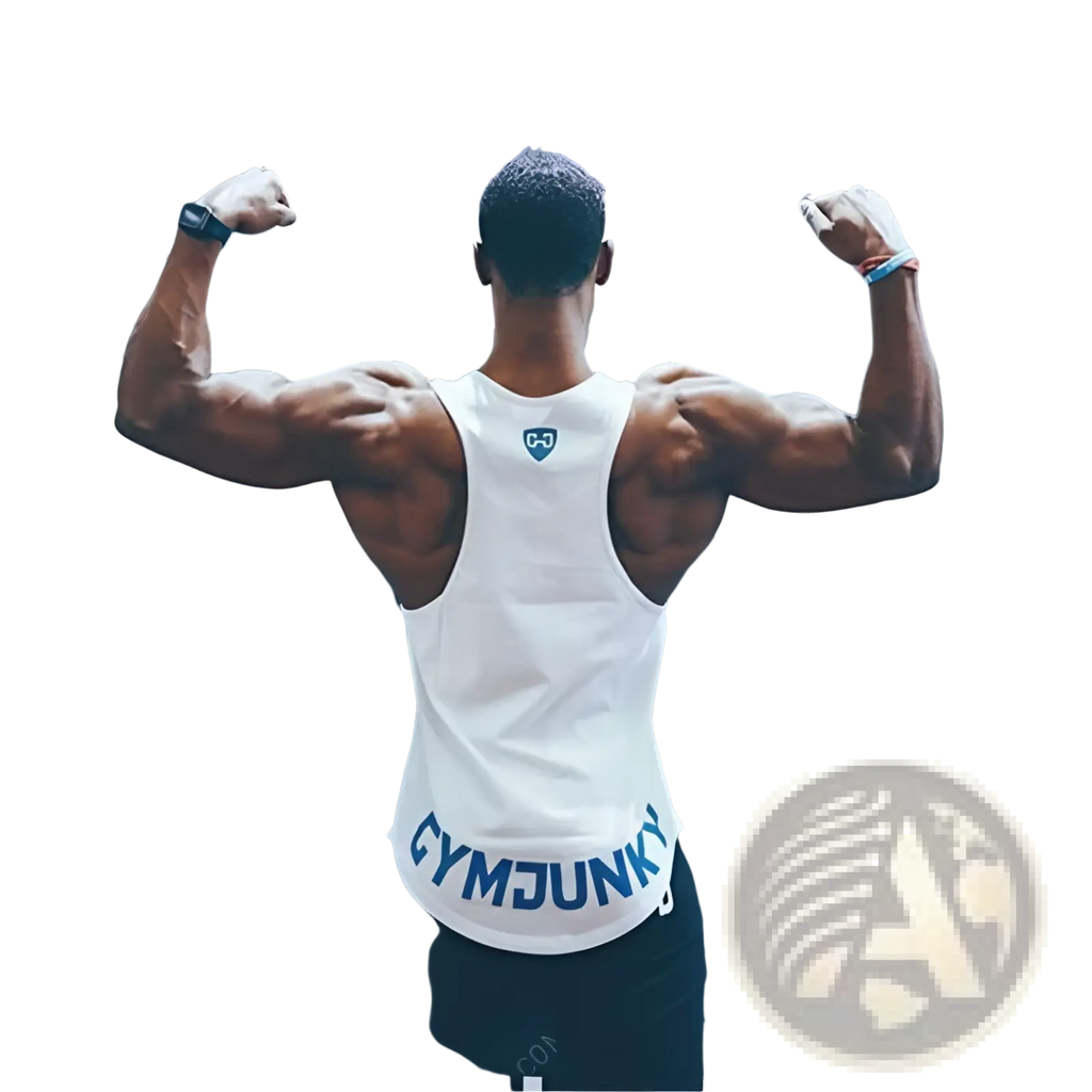 Back view of gymjunky men’s white sleeveless performance tank top with blue gymjunky print and upper back logo