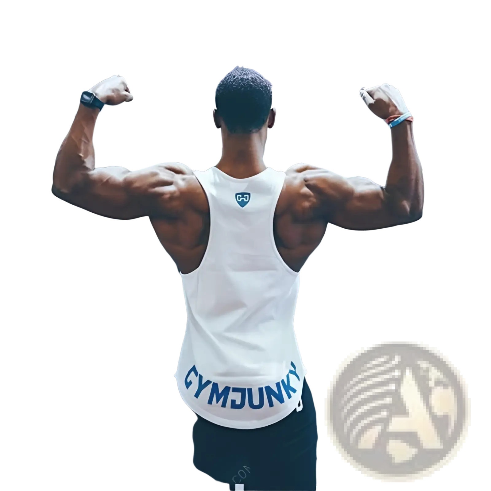 Back view of gymjunky men’s white sleeveless performance tank top with blue gymjunky print and upper back logo