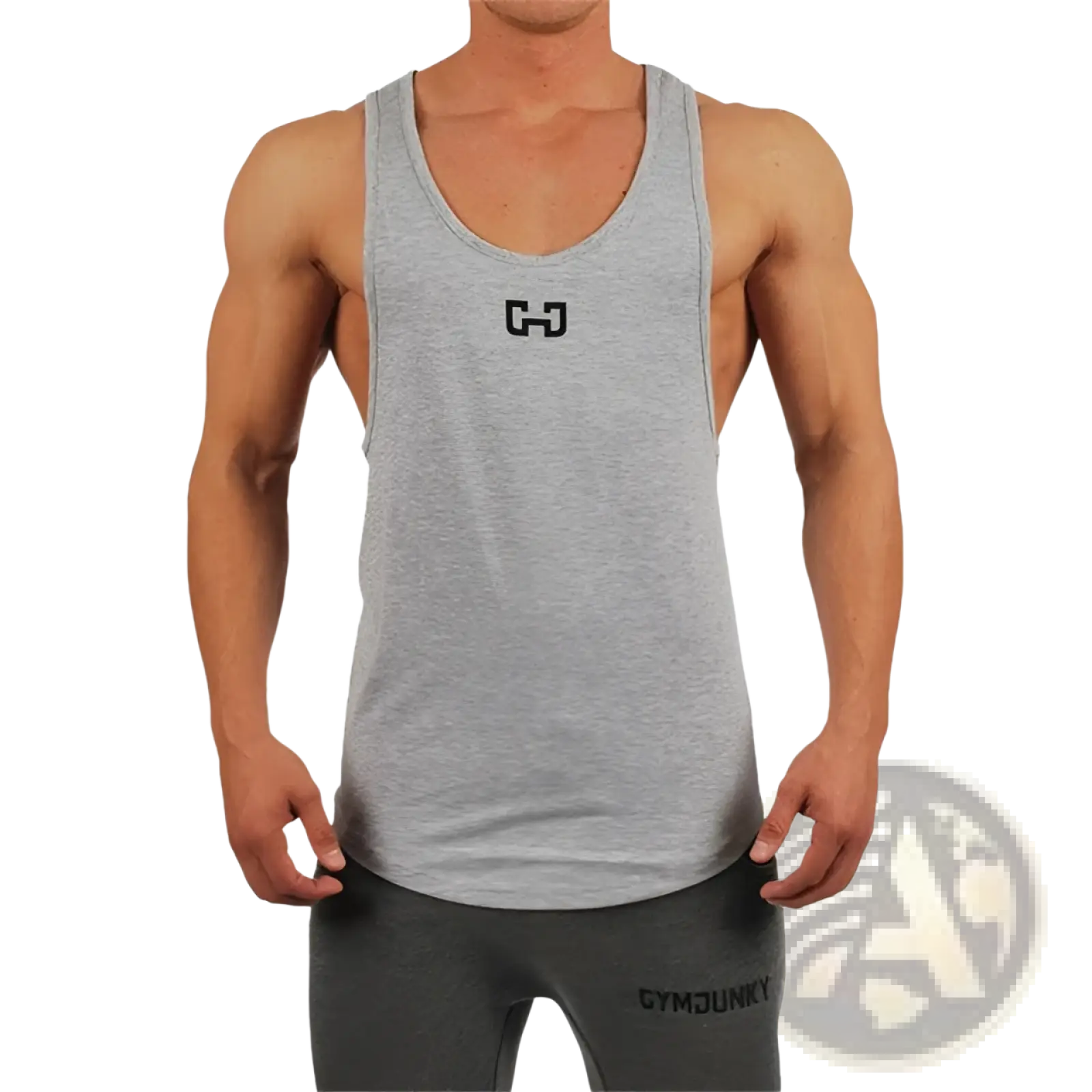 Gymjunky men’s graphic performance bodybuilding tank top in gray heathered fabric with black logo on the chest