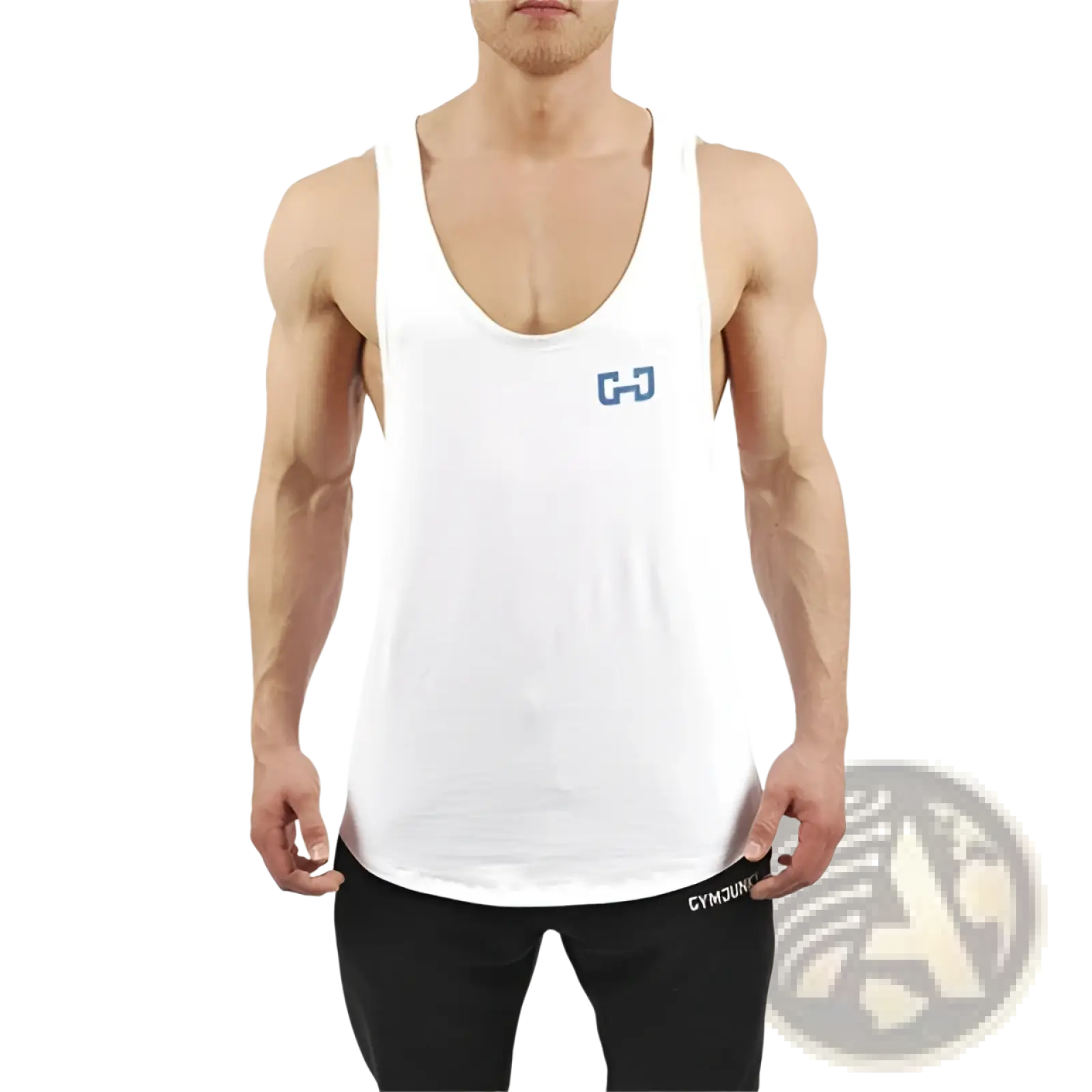 Gymjunky men’s white sleeveless performance bodybuilding tank top with small blue chest logo and gym branding hem