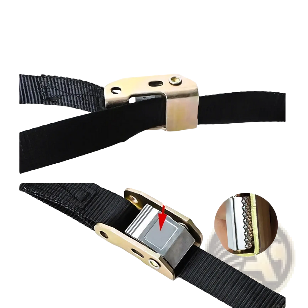 Black webbing gymnastic ring straps with gold-toned metal ratchet buckle and serrated teeth for secure fastening