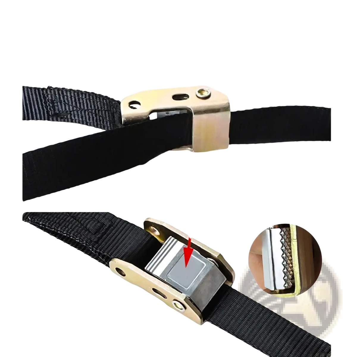 Black webbing gymnastic ring straps with gold-toned metal ratchet buckle and serrated teeth for secure fastening