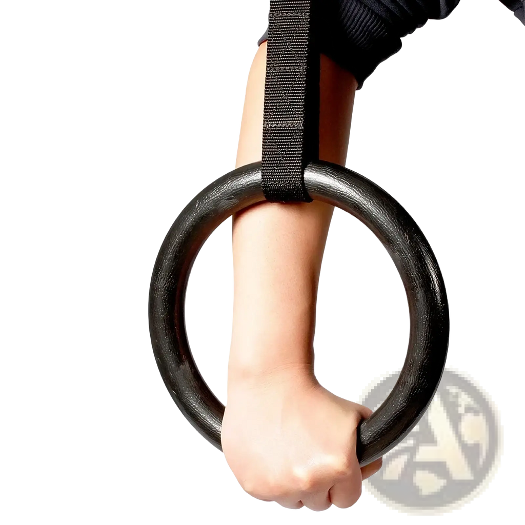Black metal gymnastic ring with textured surface and attached black strap featuring adjustable abs buckles