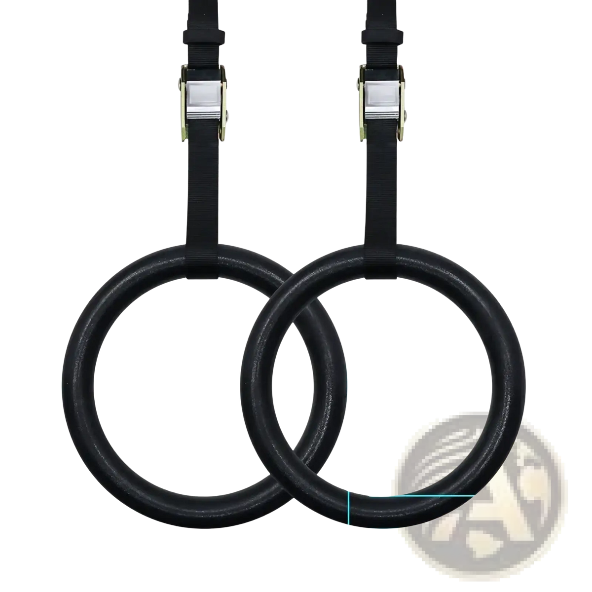 Black rubber gymnastic rings with adjustable abs buckles and straps featuring metallic buckles for secure use