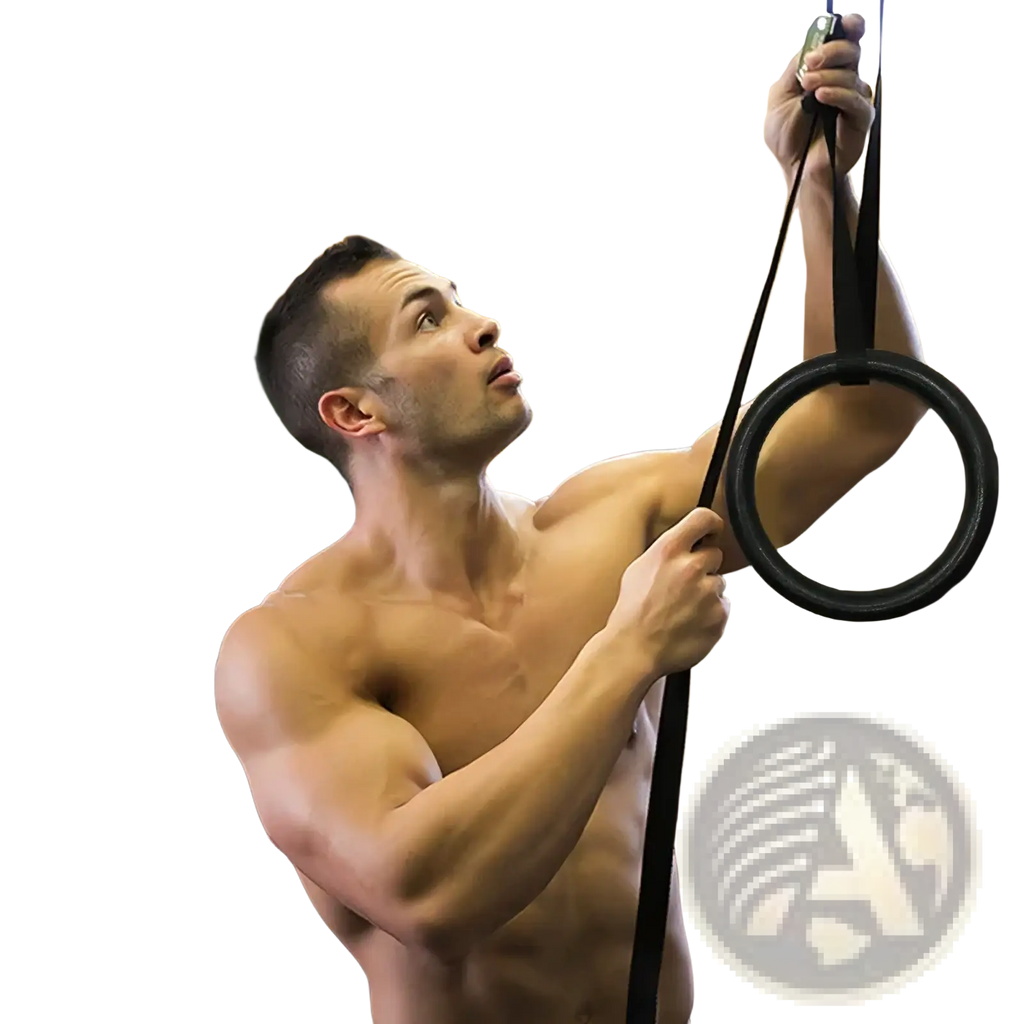 Black rubber gymnastic rings with adjustable abs buckle straps suspended from a ceiling rig for strength training