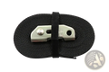 Black woven gymnastic ring straps with adjustable abs buckles and a silver metal carabiner clip secured by a black strap