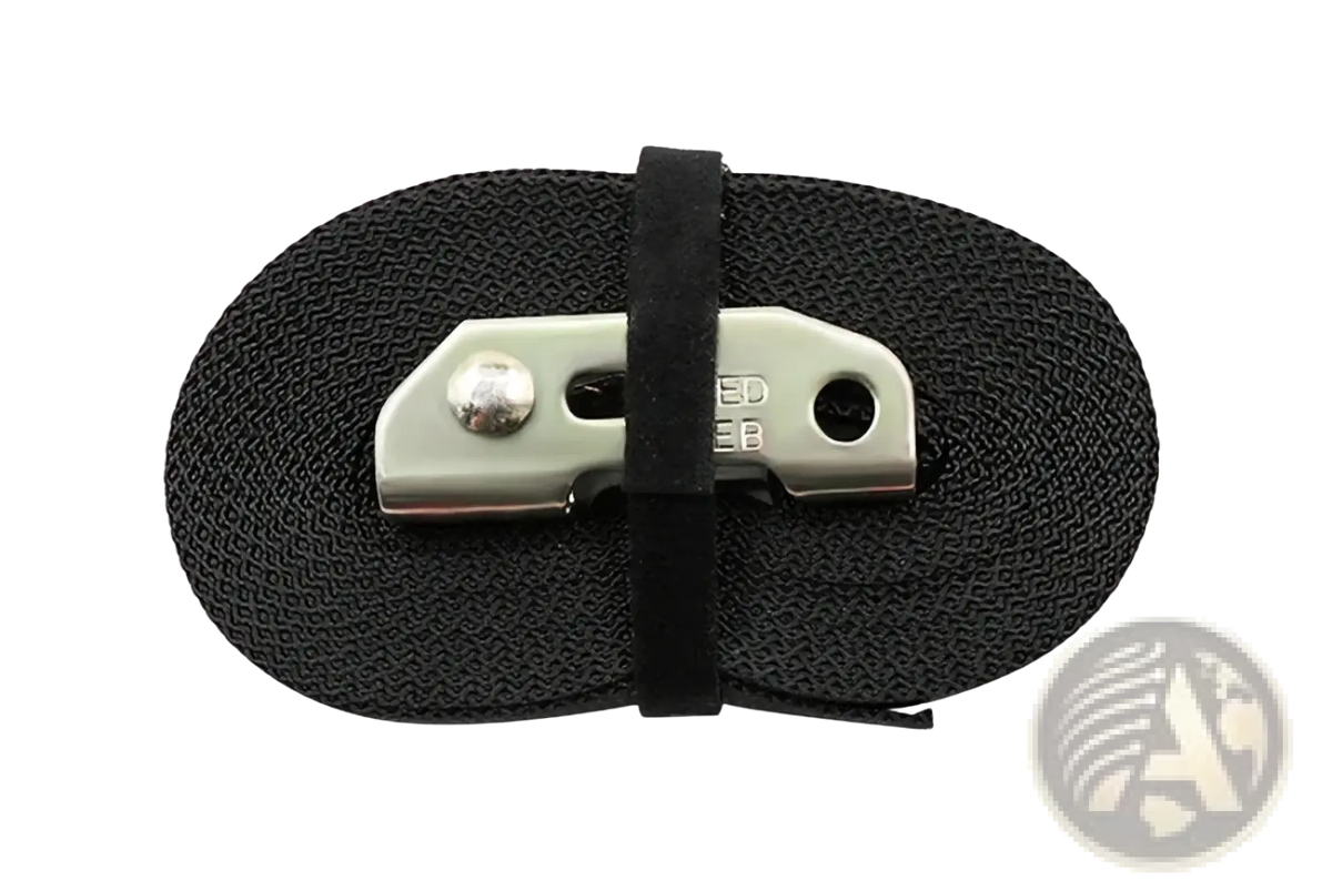 Black woven gymnastic ring straps with adjustable abs buckles and a silver metal carabiner clip secured by a black strap