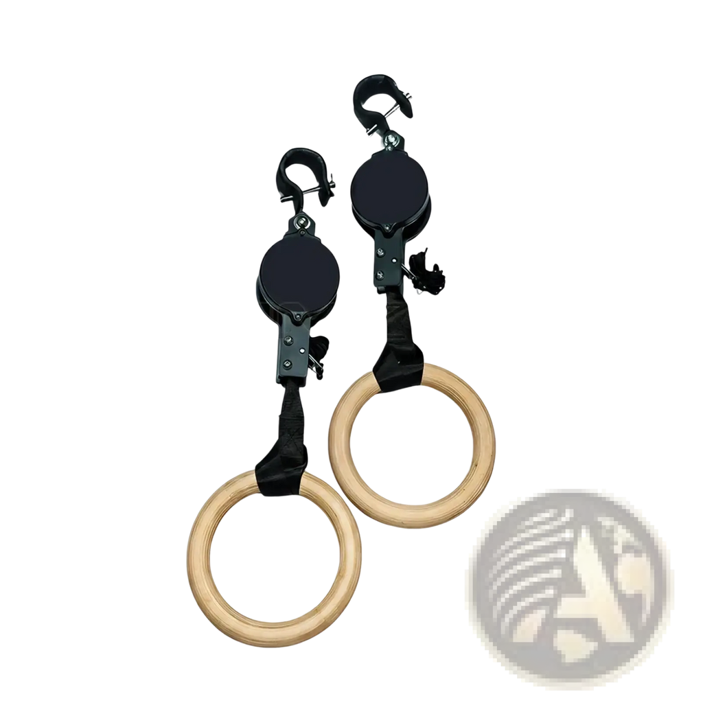 Black and natural wood gymnastics rings with adjustable metal hooks for strength training equipment use