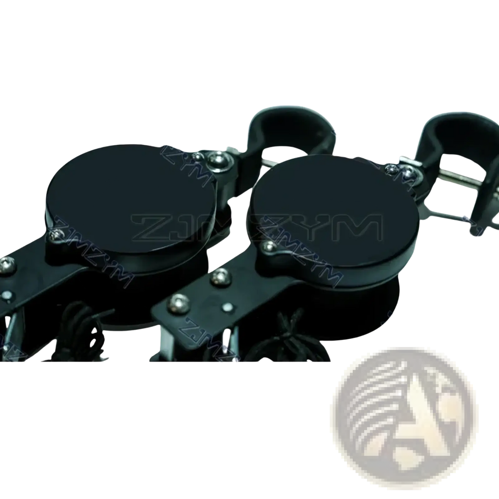 Black plastic and metal adjustable bicycle handlebar clamp with circular clamping heads for gymnastics rings strength training equipment