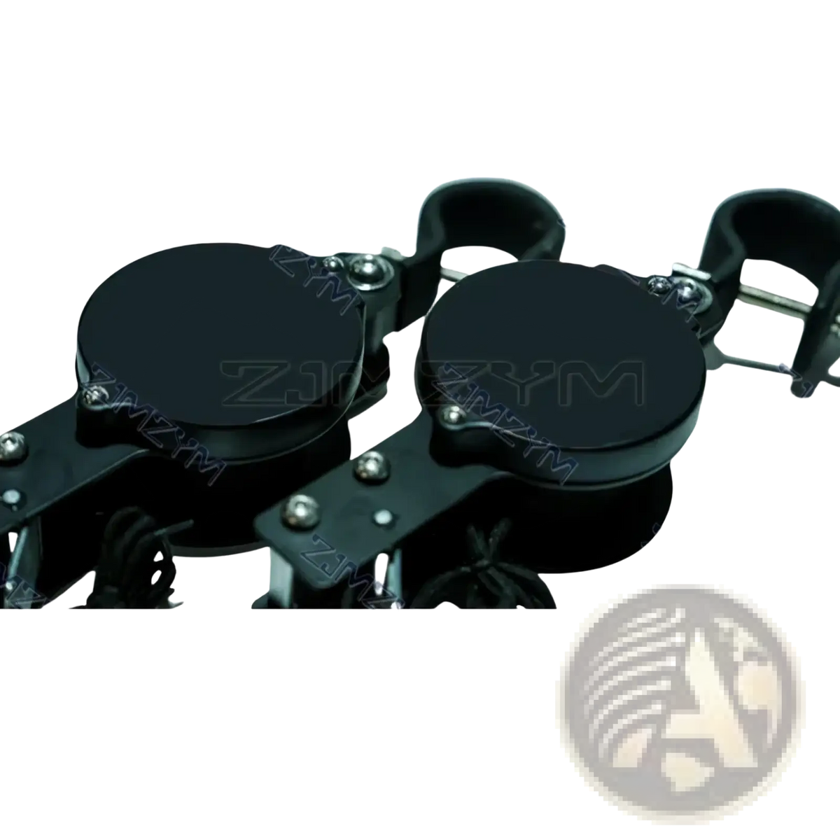 Black plastic and metal adjustable bicycle handlebar clamp with circular clamping heads for gymnastics rings strength training equipment
