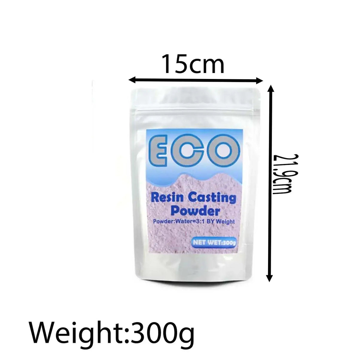 A 300g eco brand gypsum casting powder in a clear resealable pouch with blue and white label for diy crafts