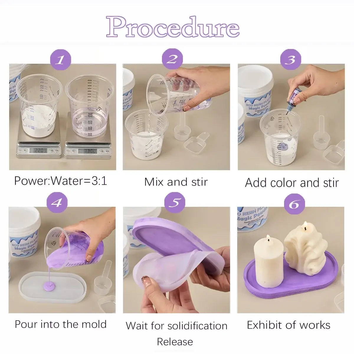 Purple silicone candle mold with matching lid for custom-shaped candles featured with gypsum casting powder for diy crafts