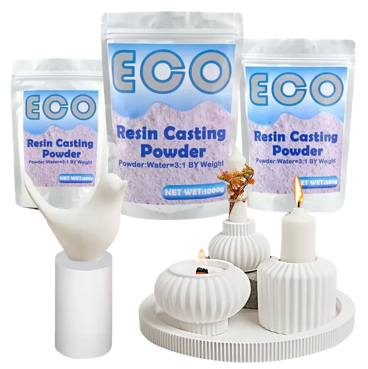 White ceramic ribbed candle holders with central flame made using gypsum casting powder for diy crafts