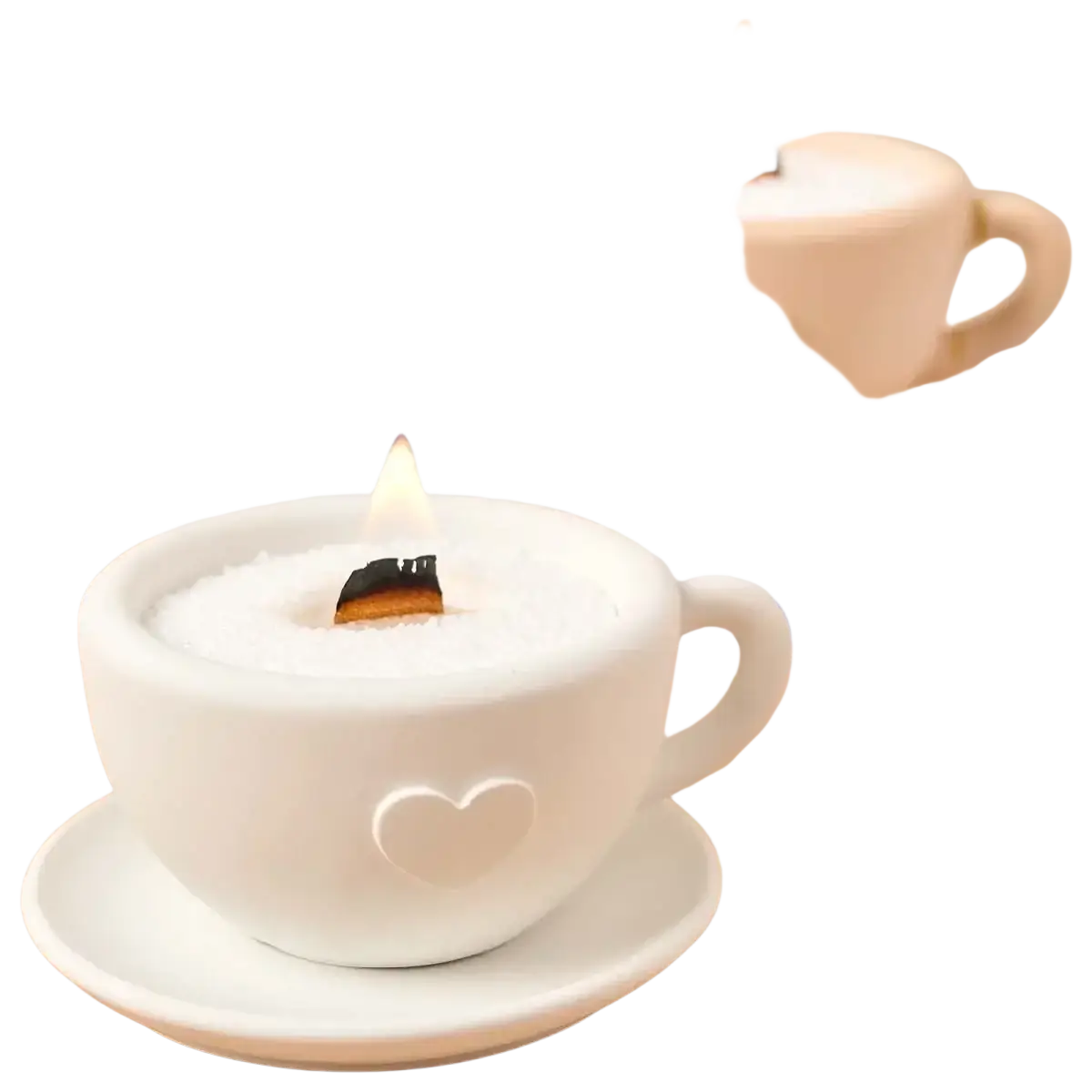 White ceramic teacup candle with heart design and lit wooden wick for gypsum casting powder diy crafts product display