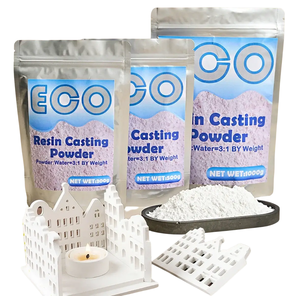 White resin gypsum casting powder in a silver pouch with blue branding for diy crafts and resin projects