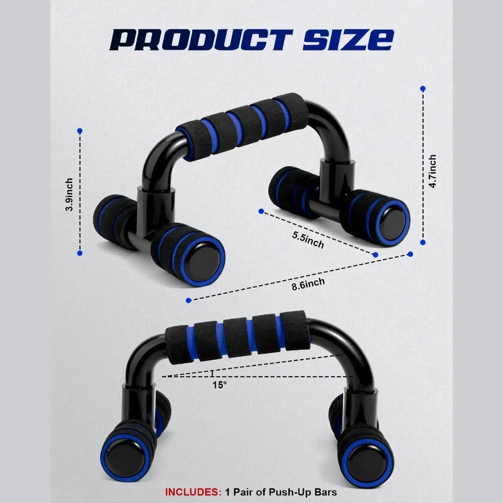 H-shape push up bars in black and blue with rubber grips designed for strength training exercises
