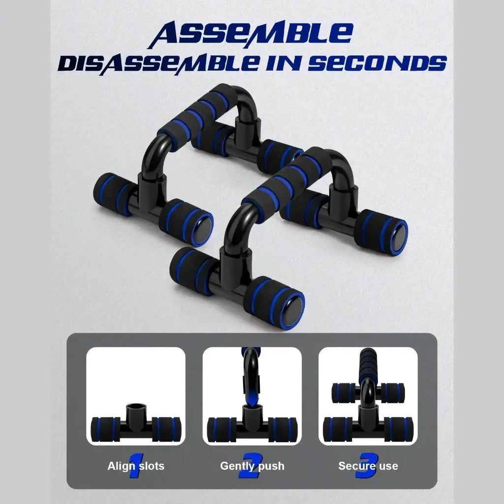 Black and blue h-shape adjustable push-up bars with rubber grips for strength training and stability