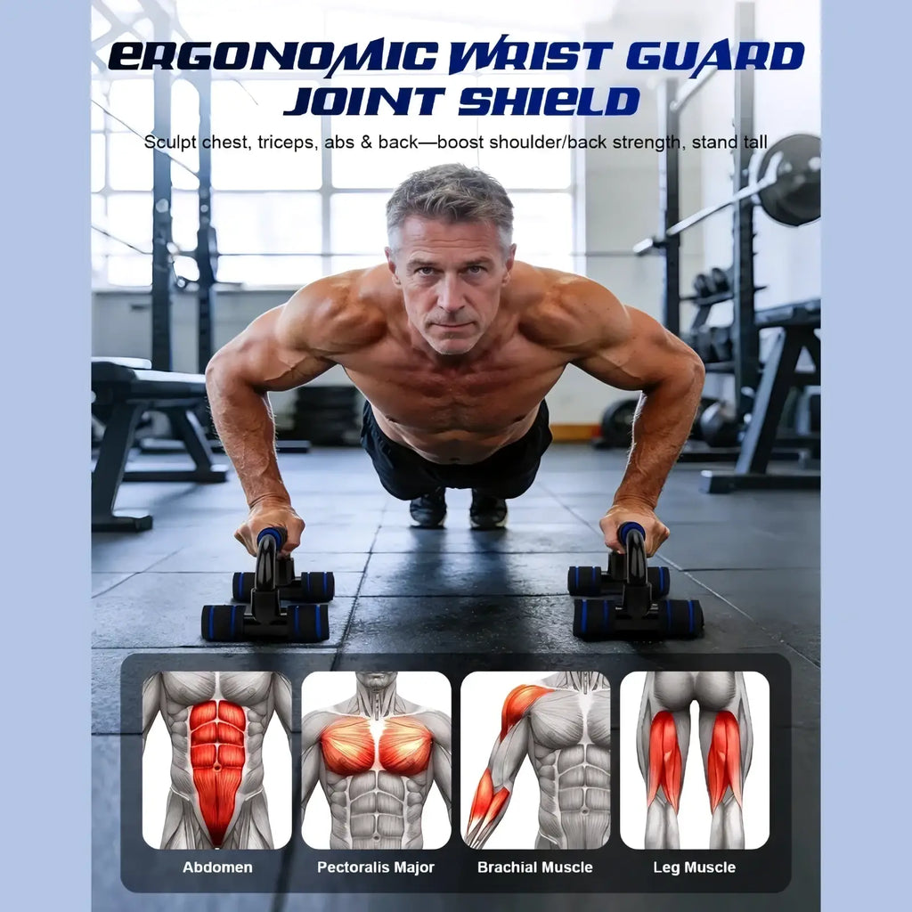 Black and blue ergonomic wrist guard joint shield with adjustable grip for targeted muscle sculpting use