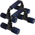 H-shape push up bars with black and blue foam handles featuring a sleek durable design for strength training