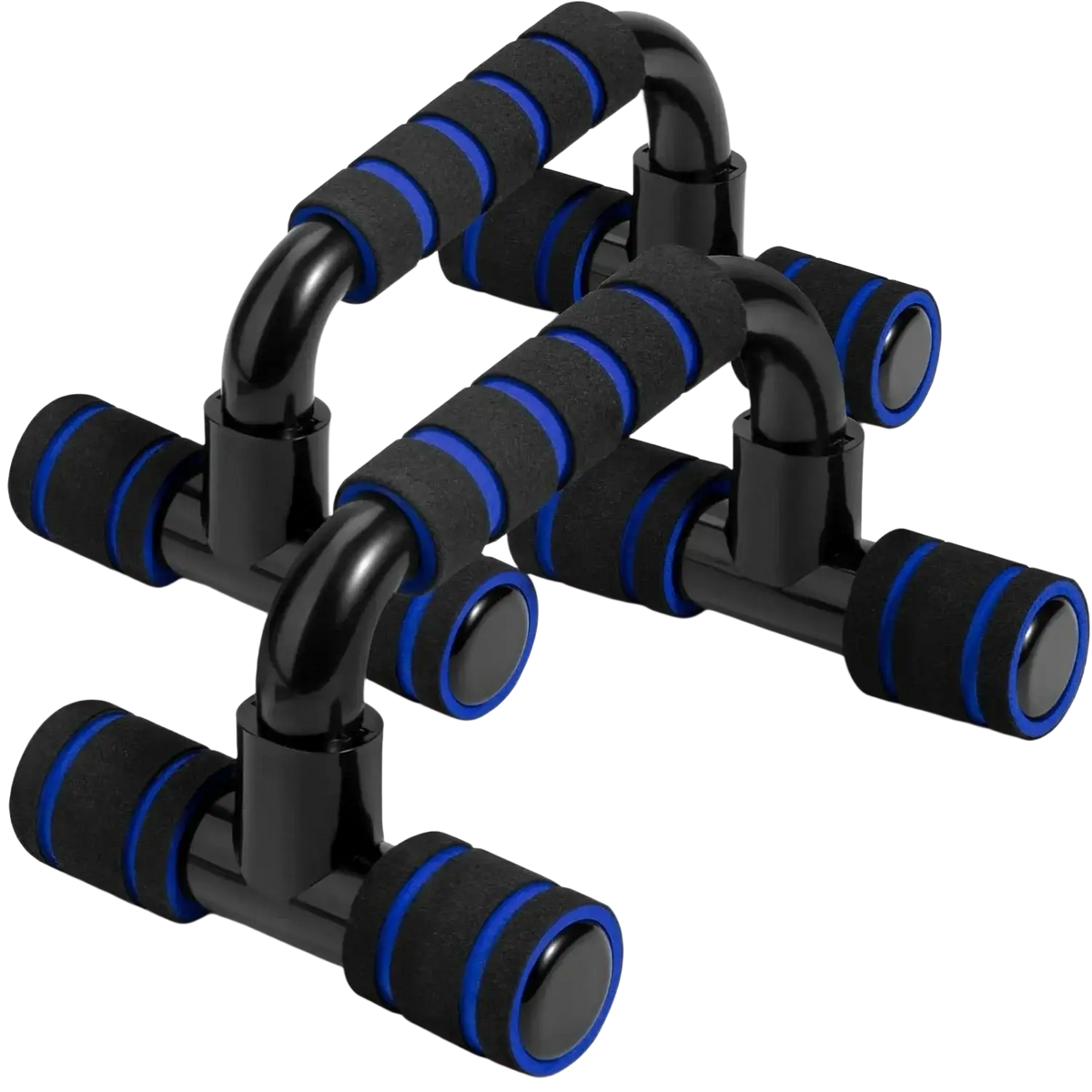 H-shape push up bars with black and blue foam handles featuring a sleek durable design for strength training