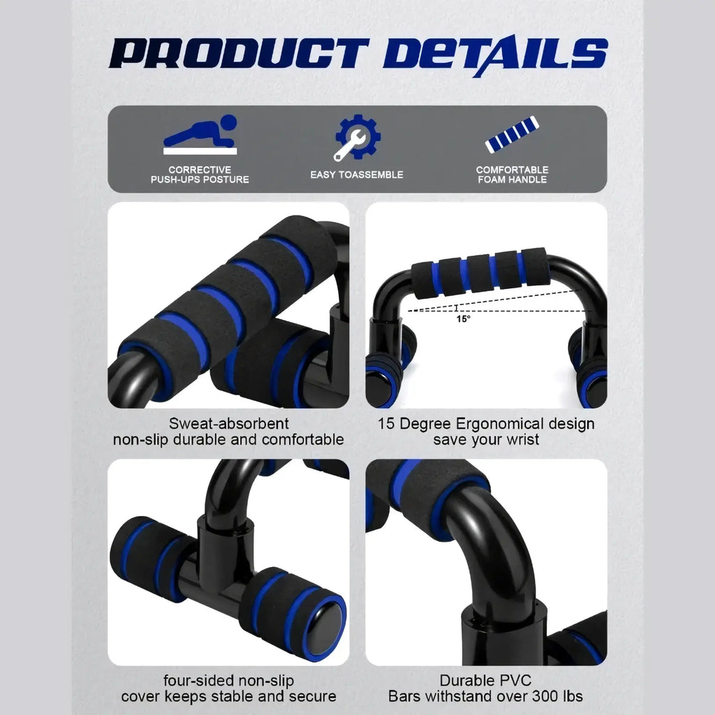 H-shape black and blue pvc push-up bars with ergonomic foam handles for corrective strength training workouts