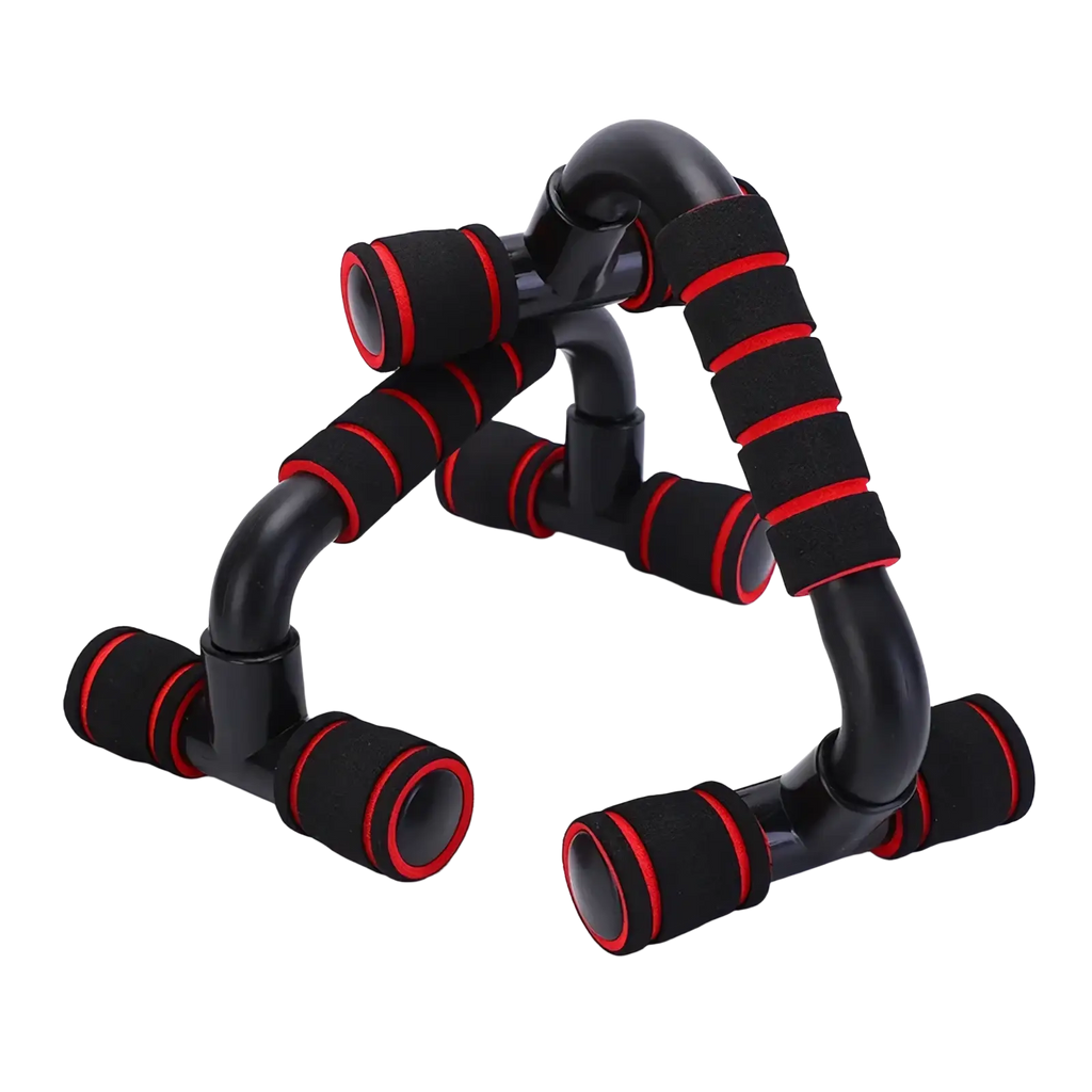 H-shape push up bars featuring black and red foam handles with a sleek curved design for strength training