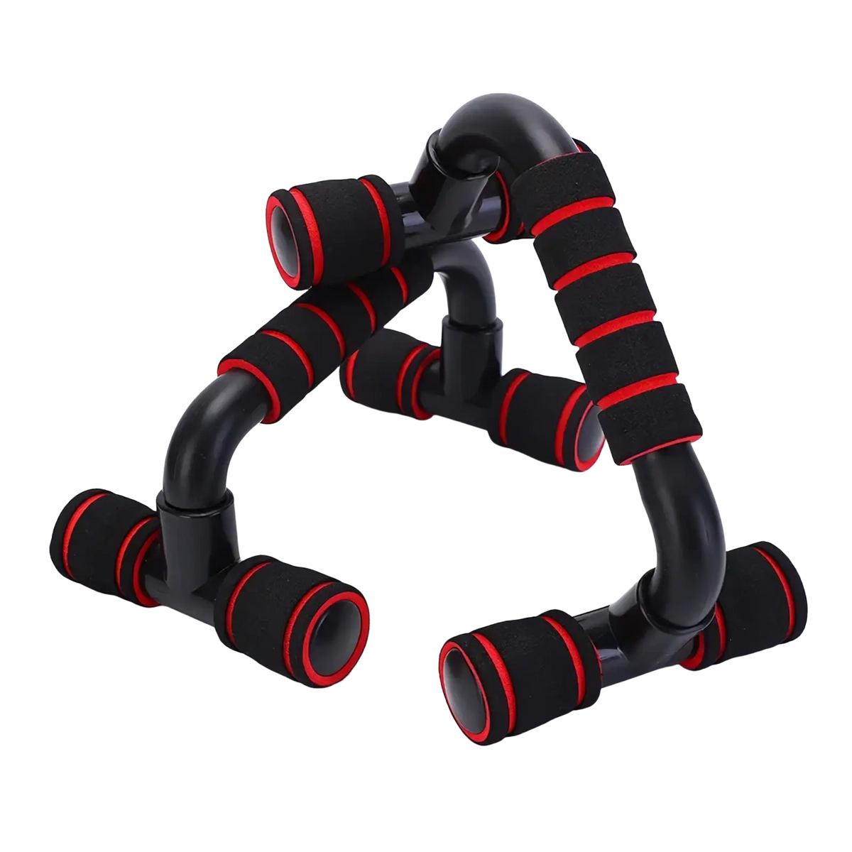 H-shape push up bars featuring black and red foam handles with a sleek curved design for strength training