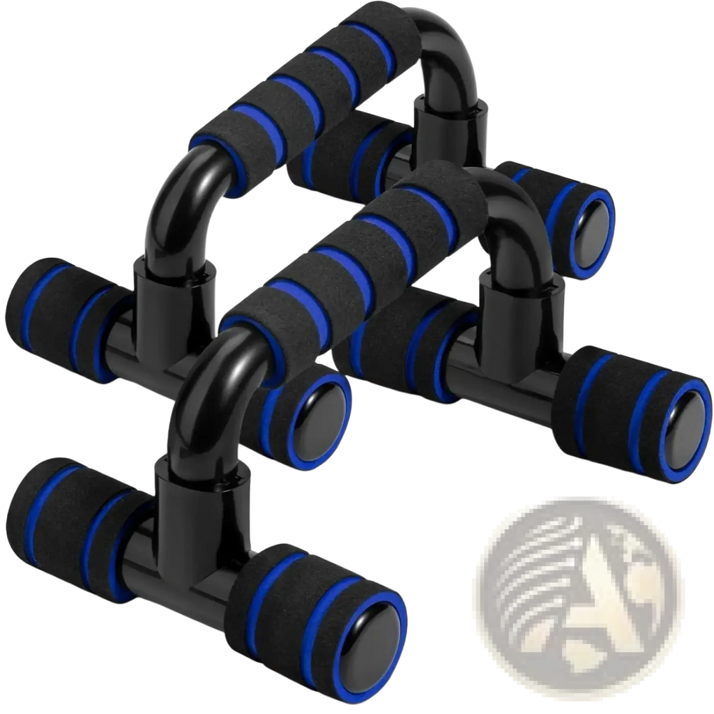 H-shape push up bars with black and blue foam handles featuring a sleek durable design for strength training