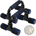 H-shape push up bars with black and blue foam handles featuring a sleek durable design for strength training