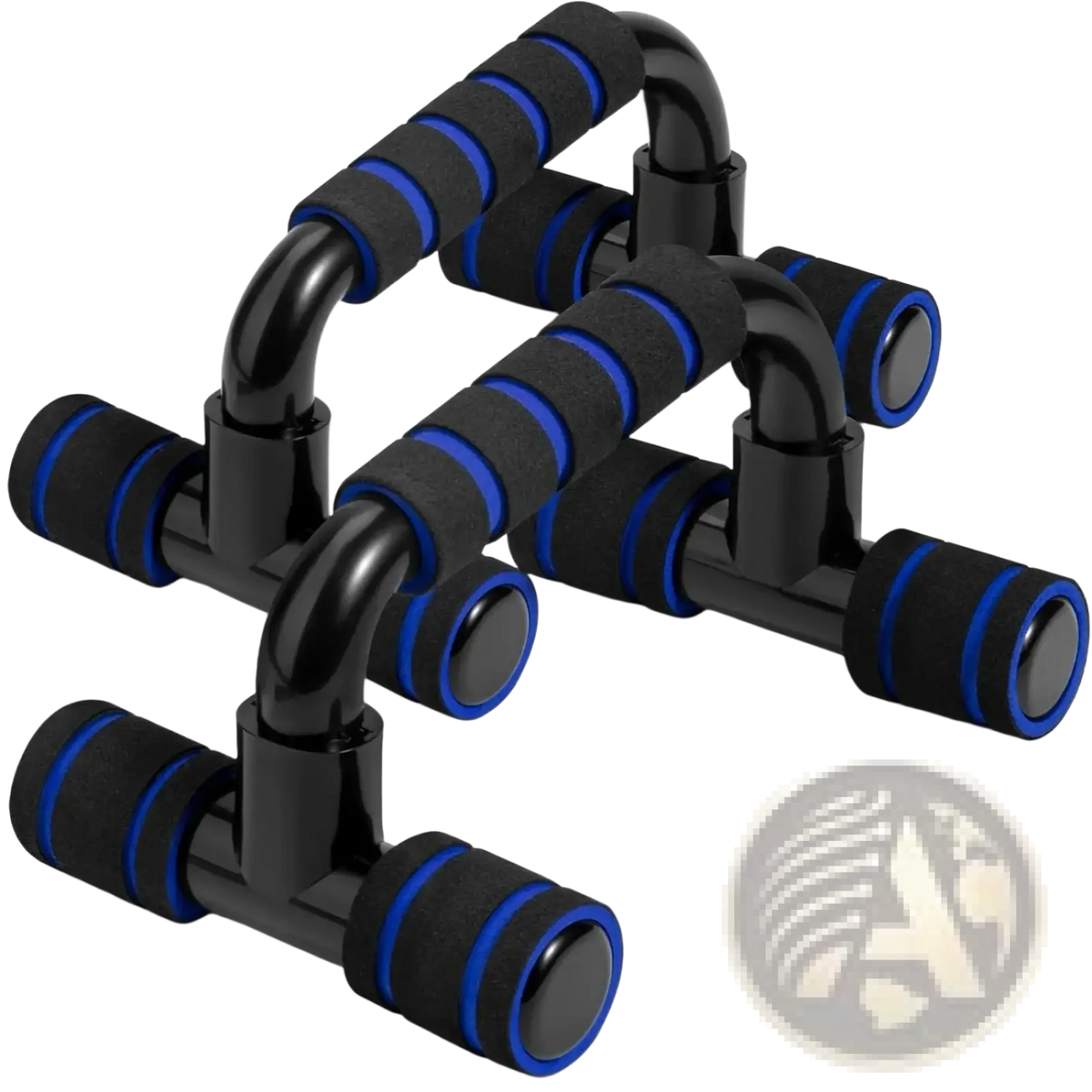 H-shape push up bars with black and blue foam handles featuring a sleek durable design for strength training