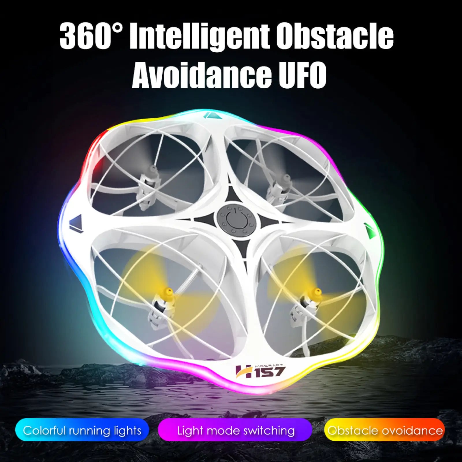 White plastic ufo-shaped kids drone quadcopter with four propellers and glowing rainbow led lights around perimeter