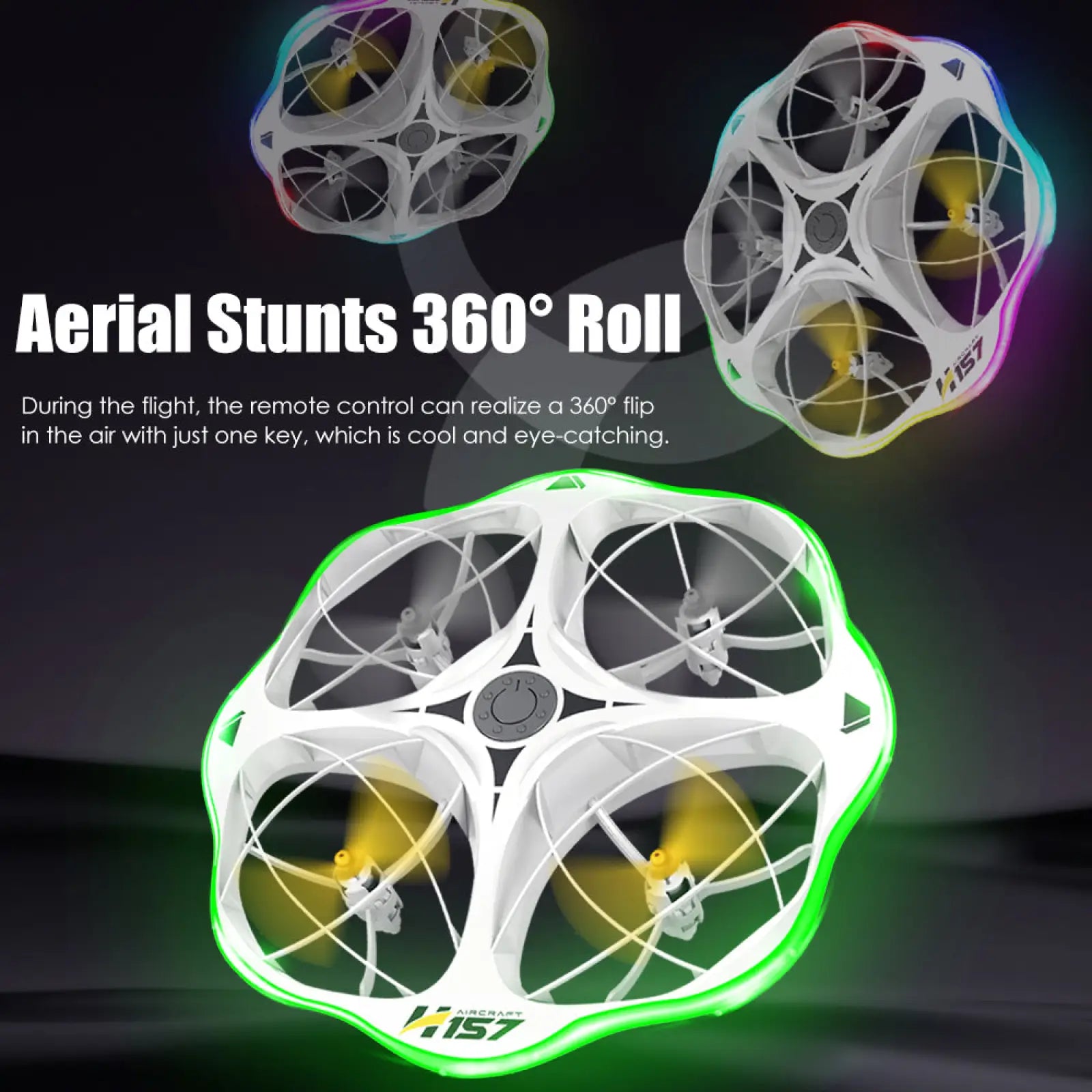 White h157 led kids drone quadcopter with dual battery glowing green led lights and yellow propellers