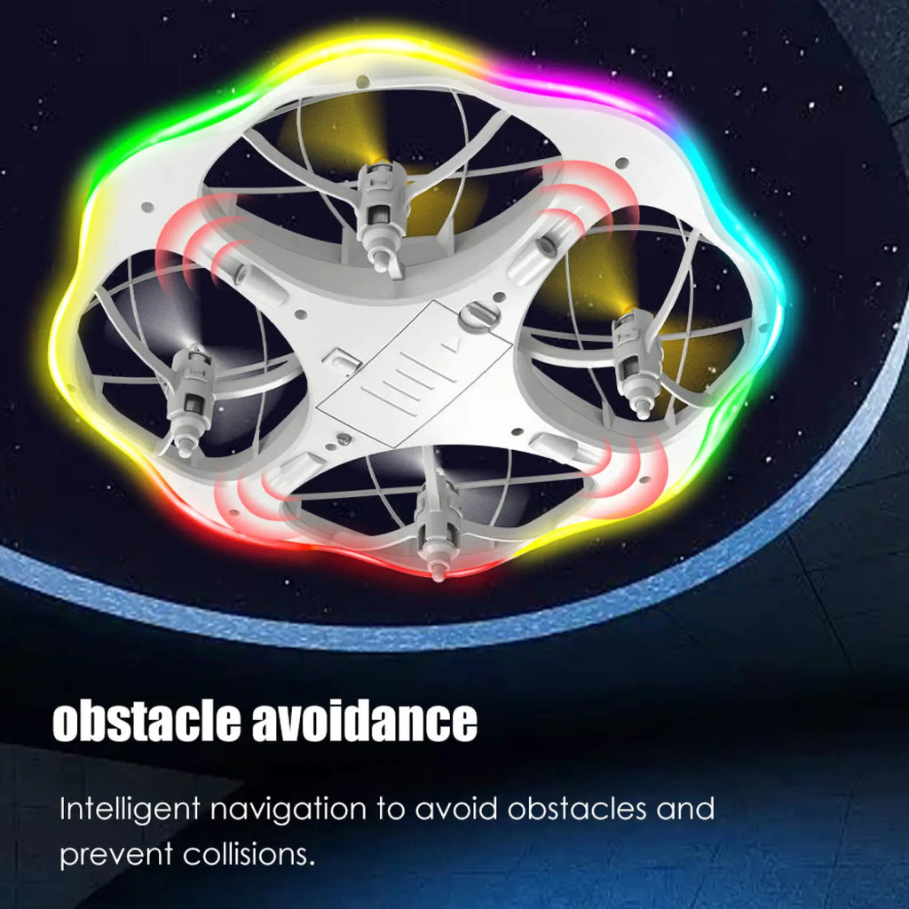 White quadcopter kids drone with rainbow led lights and sleek obstacle avoidance design featuring dual battery