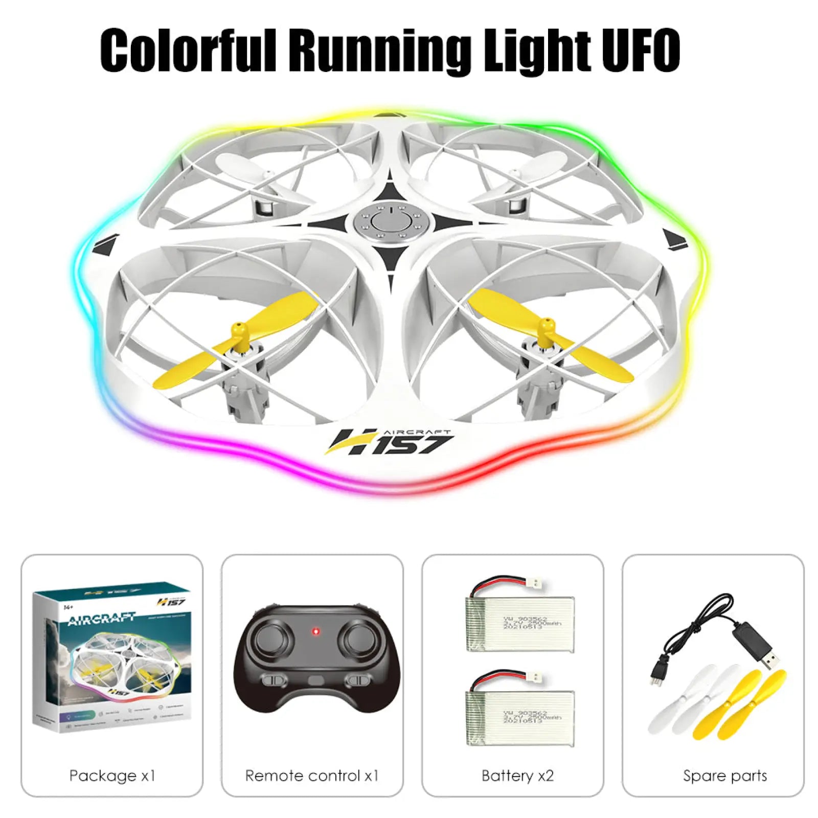 H157 led kids drone white quadcopter with dual battery featuring white and yellow frame and colorful running lights