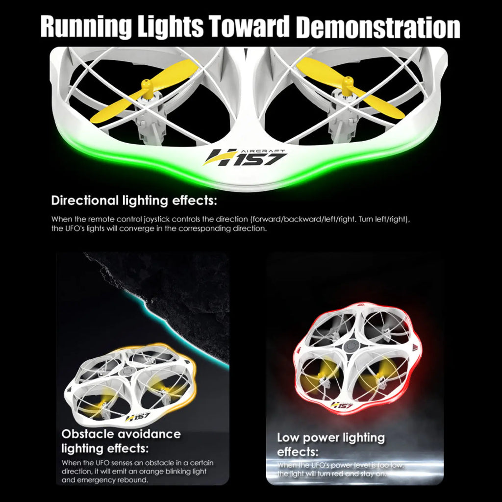 H157 led kids drone white quadcopter with dual battery featuring glowing green orange and red led navigation lights