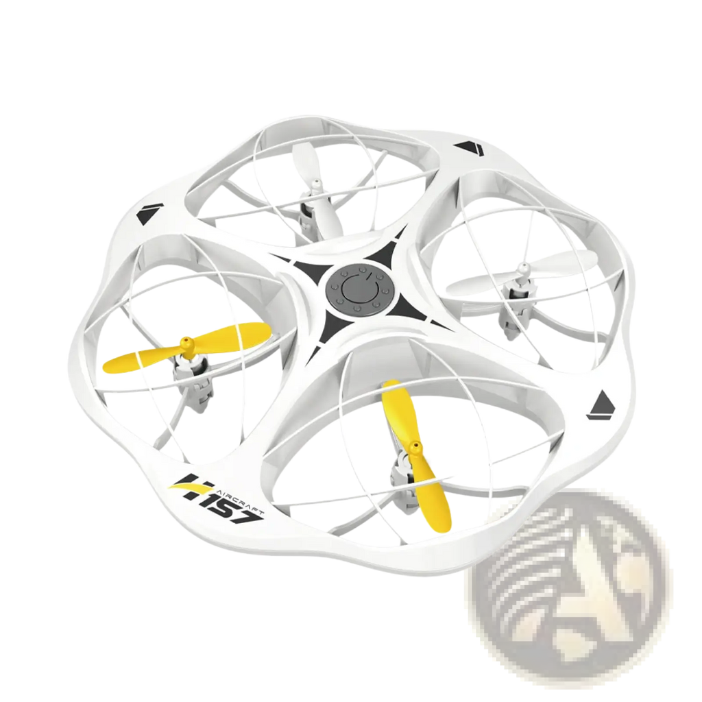 White and yellow h157 led kids drone quadcopter with four propellers enclosed in protective frames and dual battery