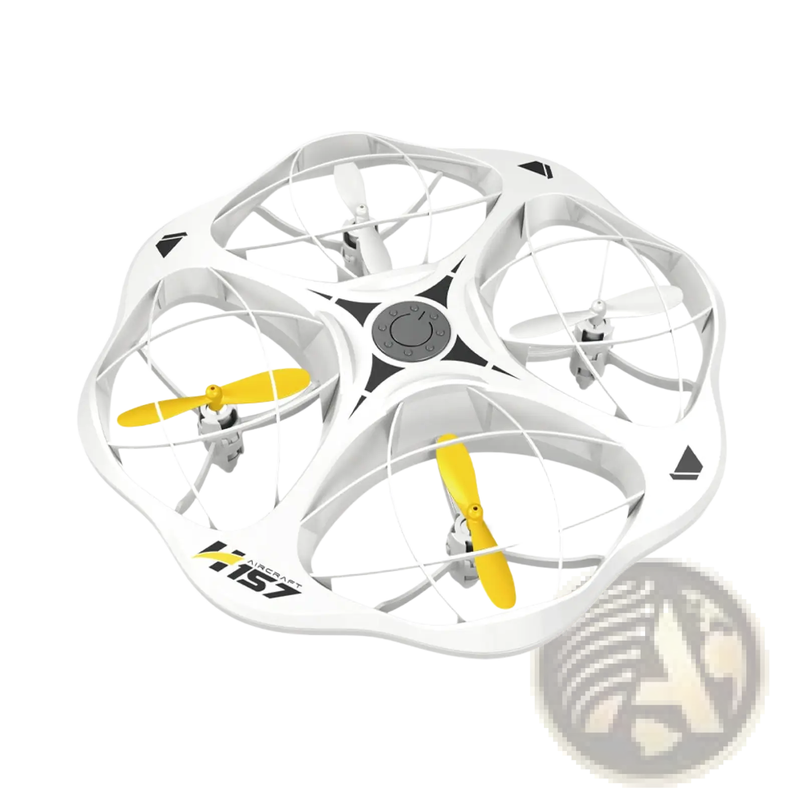 White and yellow h157 led kids drone quadcopter with four propellers enclosed in protective frames and dual battery
