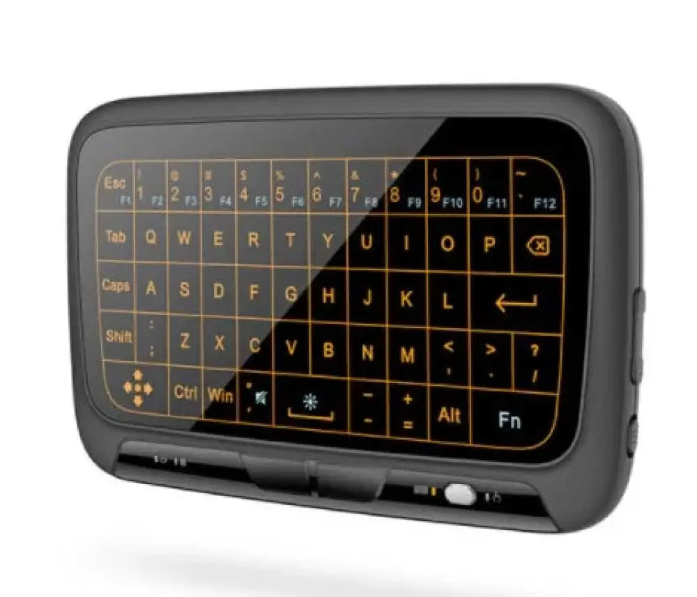 Black rectangular wireless bluetooth keyboard h18 mini with illuminated orange keys and glossy finish